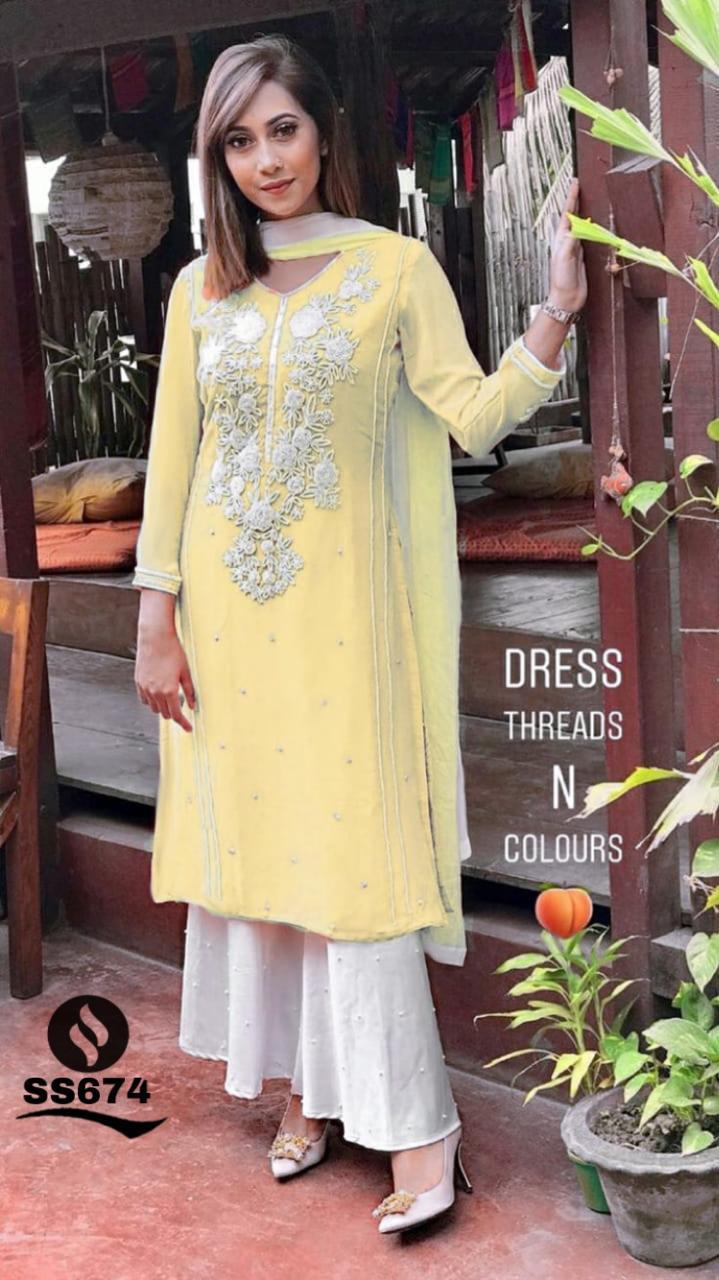 New Premium Quality Georgette Kurti Embroided Neck Moti Work With Plazo and Four Sided Border Net Dupatta  
